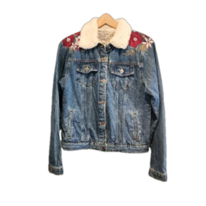 Love Tree embroidered denim and shearling lined jacket medium.